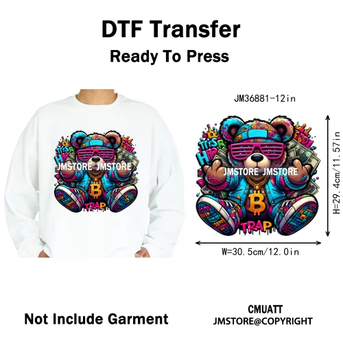 12in Colorful Graffiti Urban Stree Vibes Fearless Gangster Bear Washable Iron on DTF Transfer Sticker Ready to Press for Clothes