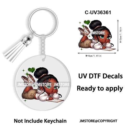 Cartoon Princess Reading Bookish UV DTF Decal Round Keychain Ready To Apply WaterProof Transfer Stickers For Circle Keychain