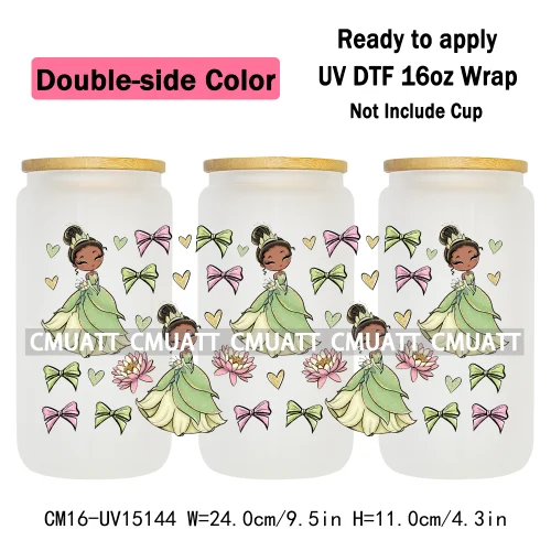 Double Sided Color UV DTF Cup Wraps 16OZ Bulk Waterproof Wholesale Custom Cartoon Cute Princess Mug Glass Water Bottles Sticker