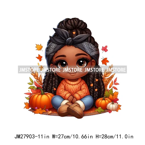 New Autumn Chibi Black Baby Girls Cartoon Afro Princess Pumpkin Fall Season DTF Iron On Heat Press Transfer Stickers For Hoodies