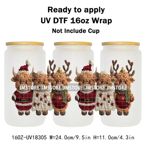 Faux Crochet Yarn Christmas Highland Cow 16OZ UV DTF Cup Wraps Ready To Apply Waterproof Transfer Stickers For Libbey Glass Can