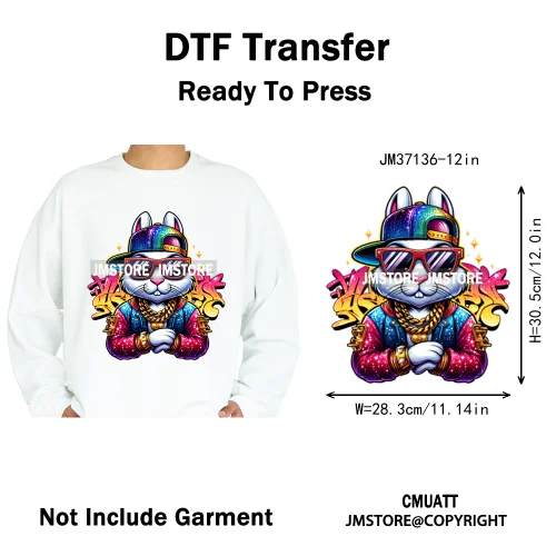 12in Cartoon Graffiti Streetwear Tiger Bunny Animal King Hip Hop Poster Iron on DTF Transfer Stickers Ready to Press for Hoodies