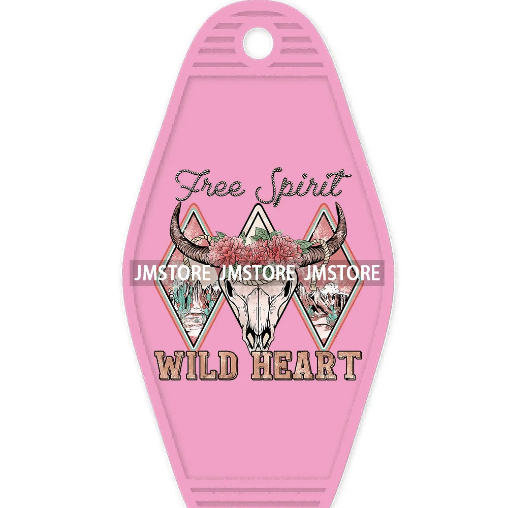 Western Howdy Valentine's Day High Quality WaterProof UV DTF Sticker For Motel Hotel Keychain Free Spirit Wild Heart Cow Skull