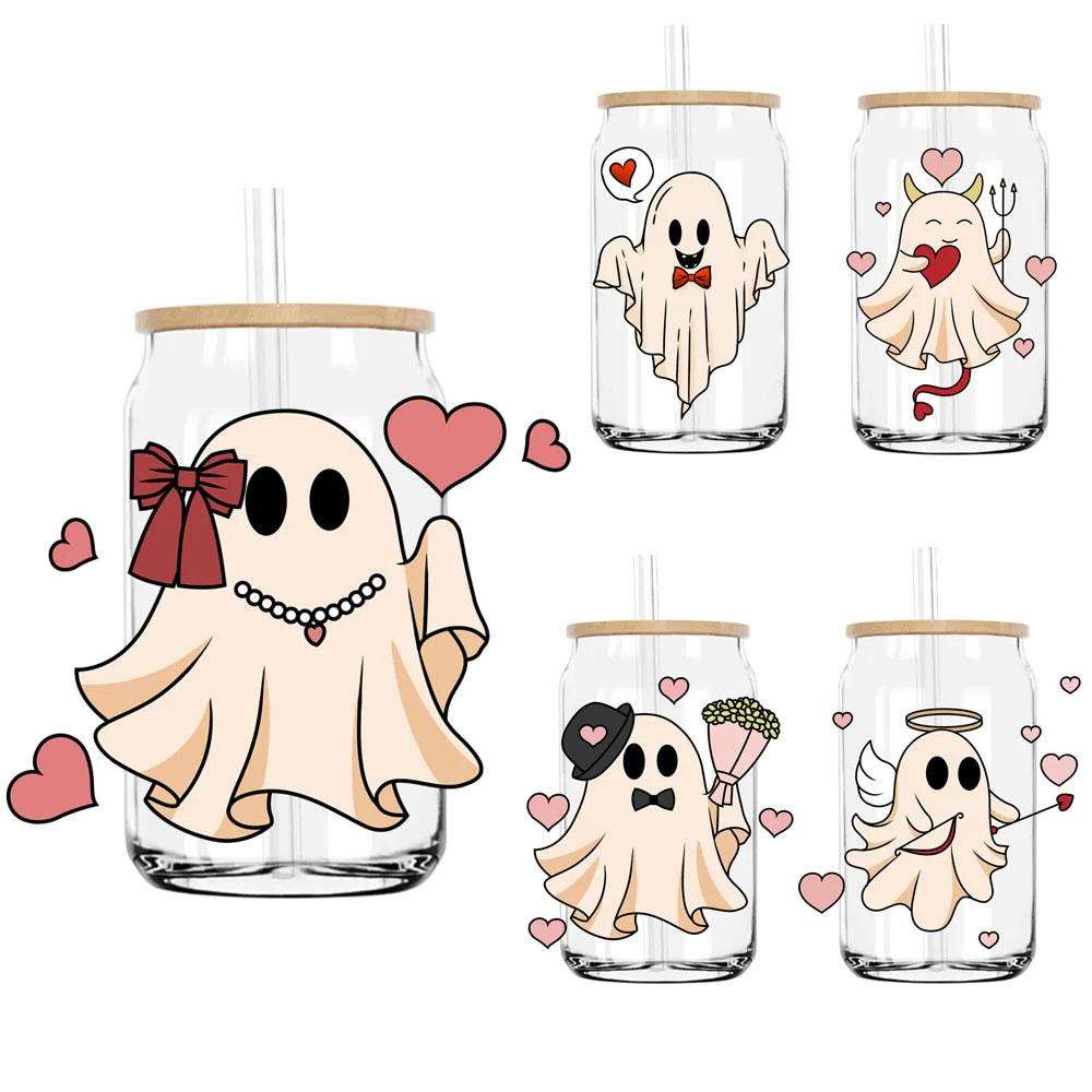 Spooky Ghost With Hearts Valentines Day UV DTF Transfers Stickers Decals For Libbey Cold Cups Mugs Tumbler Waterproof DIY Logo