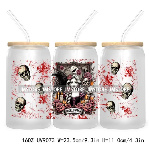 Spooky Halloween Princess 16OZ UV Cup Wrap DTF Transfer Sticker For Libbey Glass Can Cup Tumbler Waterproof Label Trick or Treat