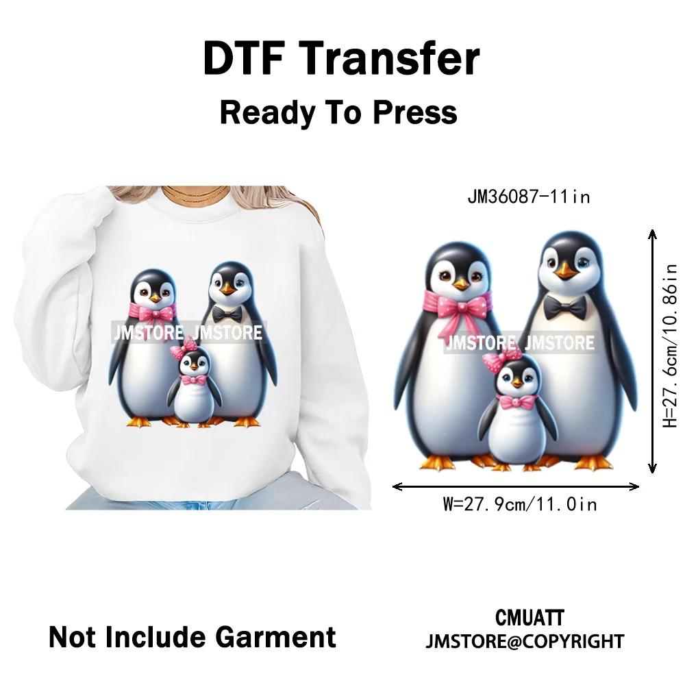 Cute Animal Penguins Coquette Hat Family Mom Father Baby Lovers Iron on DTF Heat Transfer Stickers Ready to Press for Hoodies
