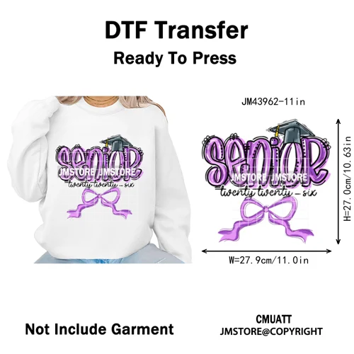 Preppy Coquette Senior 2026 Mega Graduate Cap Varsity Iron on Washable DTF Heat Transfers Stickers Ready to Press for Textiles