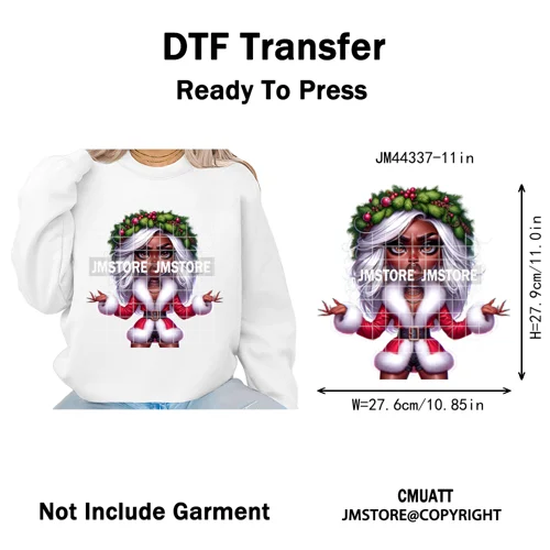 Cool African Melanin Girls Christmas Season Holiday Moody Iron on Washable DTF Heat Transfer Stickers Ready to Press for Hoodies