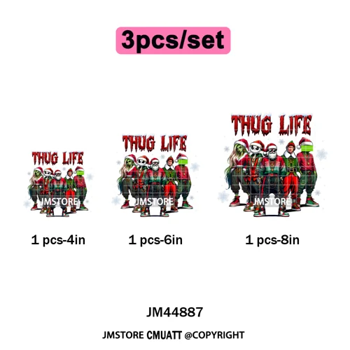 Winter Christmas Cartoon Holiday Characters Thug Life Green Iron on Washable DTF Transfers Stickers Ready to Press for Textiles