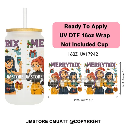 Kpop Demon Inspired Movie Christmas Santa Hat 16OZ UV DTF Cup Wrap Ready To Apply Durable Transfer Stickers For Libbey Glass Can