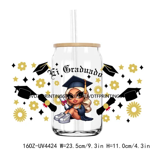 Chicano Graduation 2024 UV DTF Sticker For 16OZ Libbey Glass Cup Can Senior Girls Wrap Transfer Sticker Custom Labels DIY Logo