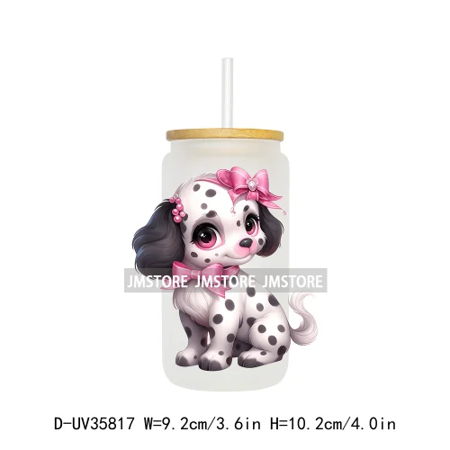 Cute Puppy Coquette Bow Baby Dog UV DTF Transfer Stickers Decals Ready To Apply Waterproof For 16OZ Libbey Glass Can Cup Tumbler