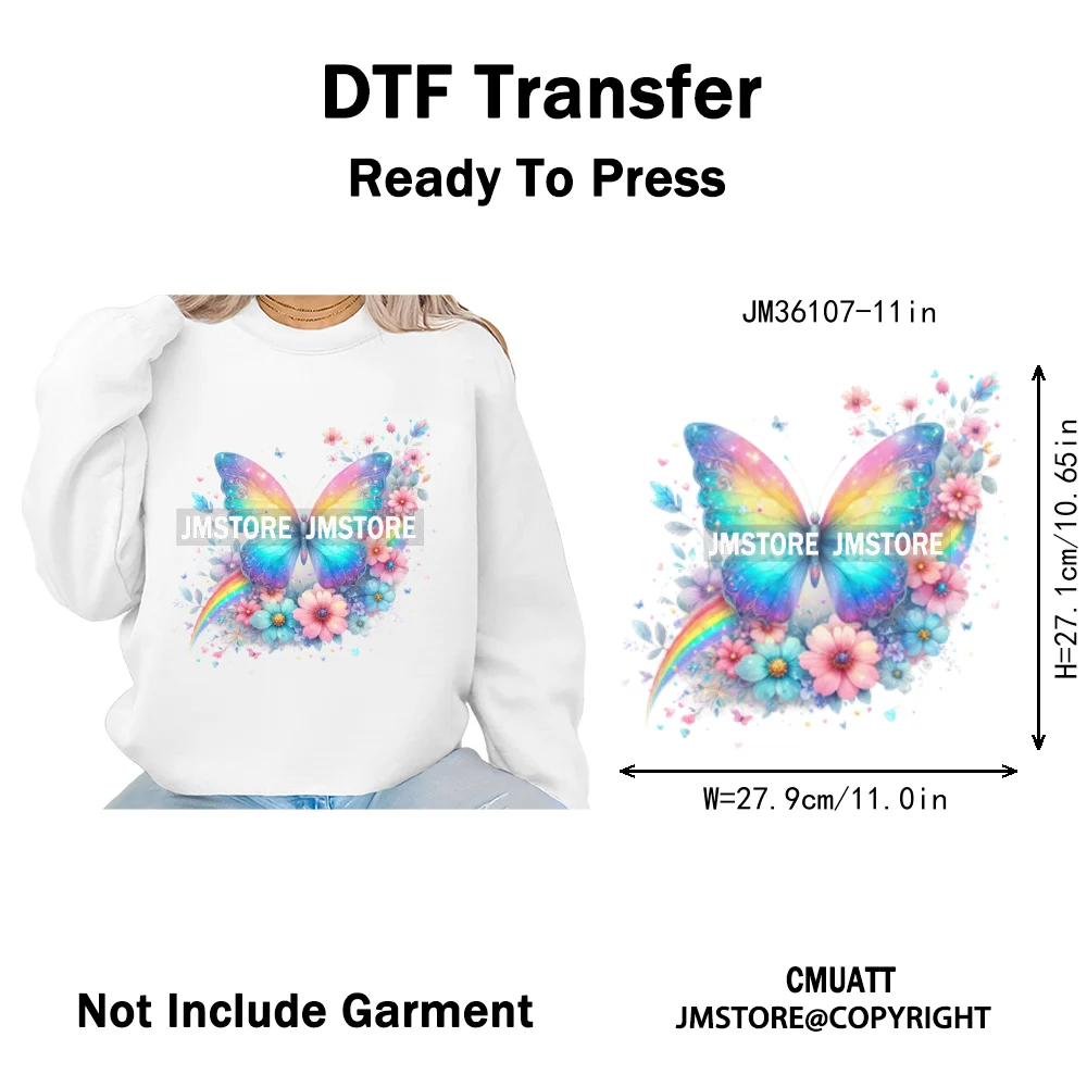Colorful Sparkling Rainbow Butterflies Flowers Lovers Washable Iron on DTF Transfers Stickers Diy Ready to Press for Clothes