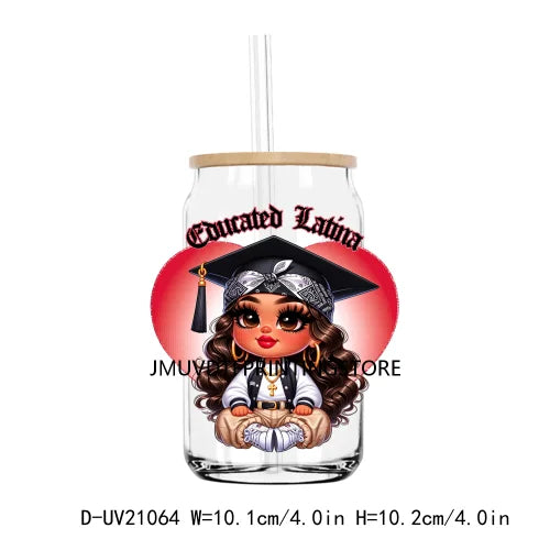 Chicano Graduation Chibi UV DTF Transfer Stickers Decals For Libbey Cold Cups Mugs Tumbler Waterproof Logo Educated Latina Girl