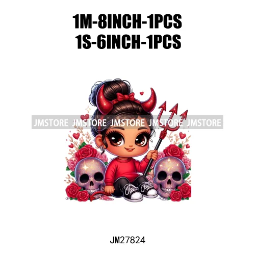 Chibi Cute Halloween Devil Latina Baby Hispanic Girls Skull Red Rose DTF Iron On Transfer Stickers Ready To Press For Sweatshirt