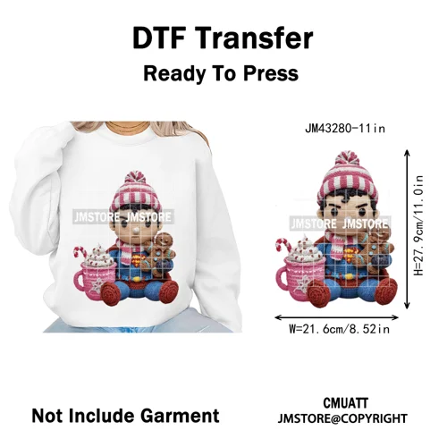 Faux Yarn Pink Hot Cocoa Cartoon Character Santa Cozy Christmas Iron on  DTF Transfers Stickers Ready to Press for T-shirts Bags