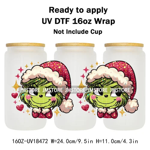 Faux Glitter Christmas Girl Green Guy UV DTF Stickers Ready To Apply Cup Wrap Custom Labels DIY Craft For Libbey Glass Can Mugs