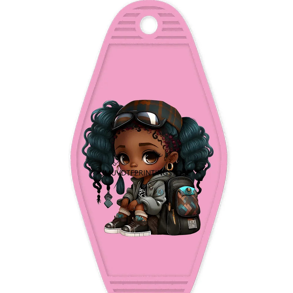 School Melanin Black Girls With Luggage High Quality WaterProof UV DTF Sticker For Motel Hotel Keychain Afro Children