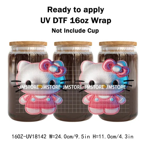 Faux Embroidery Floral Cartoon Characters UV DTF Stickers Ready To Apply Cup Wraps Waterproof For 16OZ Libbey Glass Can Tumbler