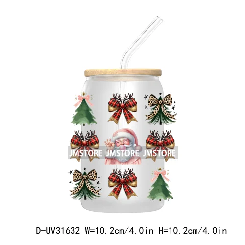 Merry Bright Coquette Bow Glitter Christmas Tree Girly UV DTF Transfer Stickers Decals For Libbey Cold Cup Mug Tumbler Durable