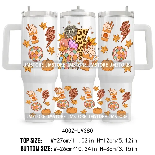 Fall Vibes Vintage Flowers UV DTF Tumbler Wrap Transfer Stickers Feral Girl Autumns Pumpkins 40OZ Wraps Waterproof Custom Labels