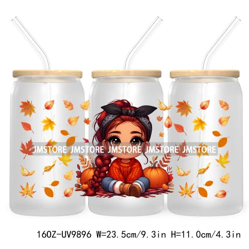 Mexican Latina Chibi Autumn Baby Girl UV DTF Sticker For 16OZ Libbey Glass Cup Can Wrap Transfer Stickers Custom Labels DIY Logo