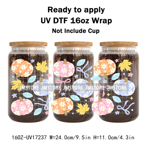 Bookish Autumn Fall Coquette Pumpkins Season UV DTF Wraps Transfer Sticker Selfadhesive Waterproof For 16OZ Libbey Glass Can Mug