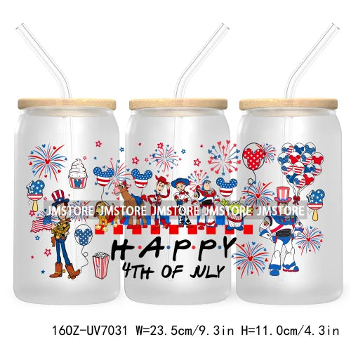 Happy 4TH Of July Cartoon Bear Friends 16OZ UV DTF Cup Wrap Transfer Stickers For Libbey Glass Can Cups Tumbler Waterproof Craft