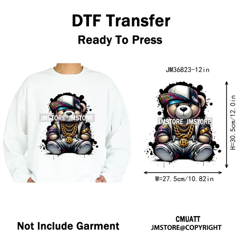 12in Hip Hop Vibes Urban Style Rich Bear With Gold Chains King Animal Iron on DTF Transfers Stickers Ready to Press for Textile