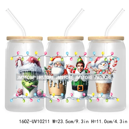 Christmas Lights Cartoon Coffee Cups 16OZ UV DTF Cup Wrap Transfer Stickers Custom Labels Waterproof Logo For Libbey Glass Can