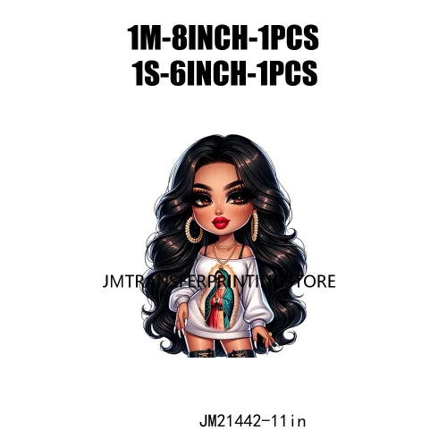 Chibi Cute Chicana Doll Guadalupe Lady Skull Latina Woman Cold Peel Decals Iron On DTF Transfers Stickers For Shirts Bags Pillow