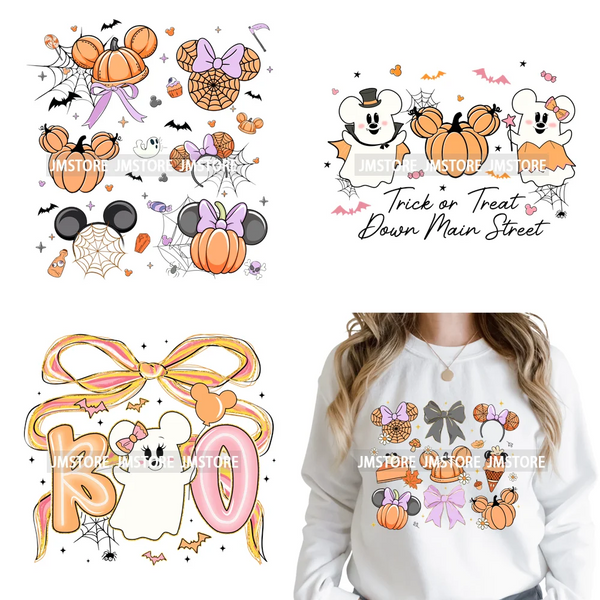 Trick or Treat Down Main Stree Cartoon Coquette Ghost Boo Halloween Iron on DTF Transfers Stickers Ready to Press for T-shirts