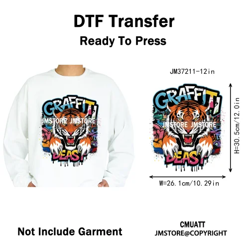 12in Street Snarl Savage Animal King Graffiti Urban Bear Bunny Cat Dog Iron on DTF Transfers Stickers Ready to Press for Clothes