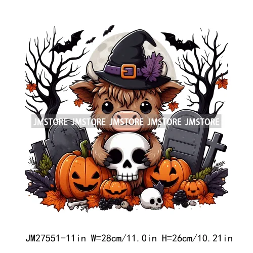 Ghost Highland Cows Western Pumpkin Skeleton Fall Dead Rip Coffin Cross Halloween DTF Iron On Transfers Stickers For Sweatshirt