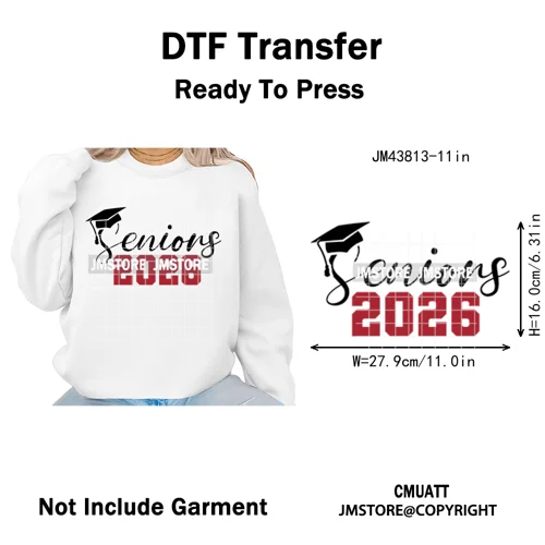 2026 Varsity Graduate Season College Senior Year Bow Iron on Washable DTF Heat Transfers Stickers Ready to Press for Sweatshirts