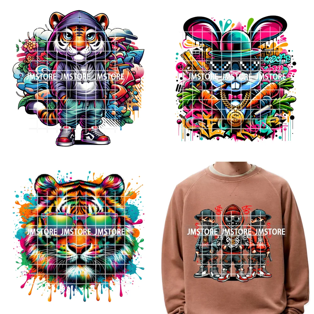 12in Cartoon Graffiti Streetwear Tiger Bunny Animal King Hip Hop Poster Iron on DTF Transfer Stickers Ready to Press for Hoodies