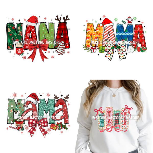 Colorful Christmas Mama Claus Coquette Candy Cane Santa Iron on DTF Washable Transfers Stickers Ready to Press for T-shirts