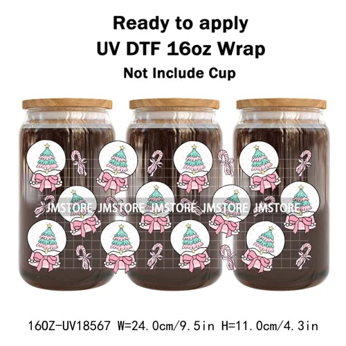 Preppy Christmas Candy Cane Xmas Tree UV DTF Cup Wrap Ready To Apply Transfer Stickers 16OZ Tumbler Wraps For Libbey Glass Can
