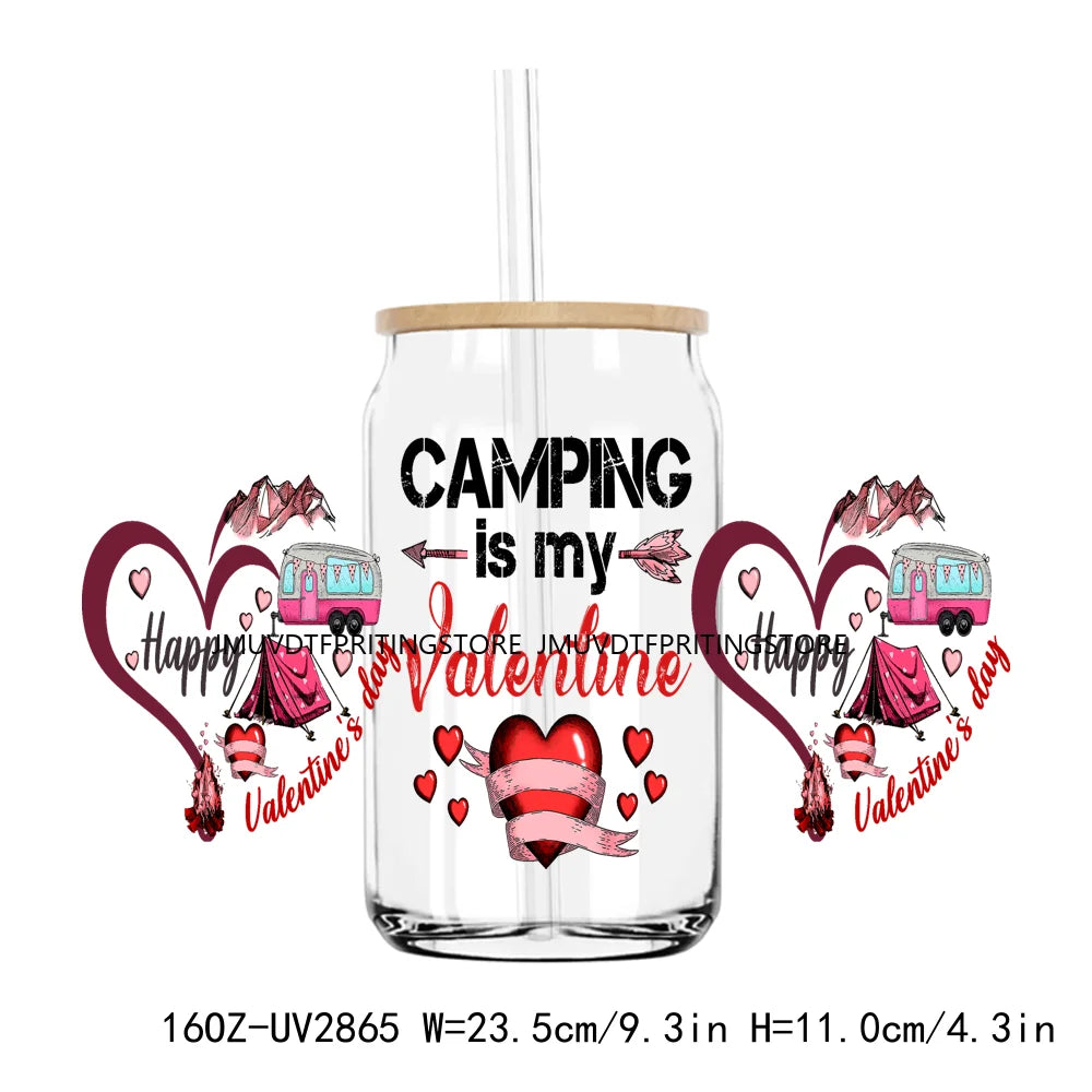 Camping Is My Valentine UV DTF Sticker For 16OZ Libbey Glass Cup Can Wrap Transfer Sticker Custom DIY Logo Love Camp Coffee