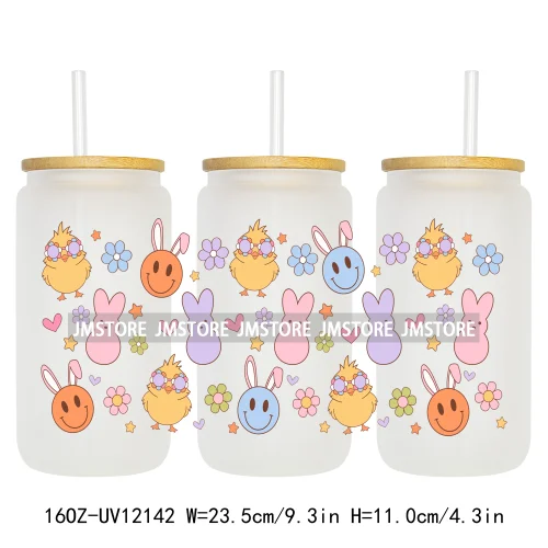 Retro Easter Bunny Rabbit Eggs Flowers 16OZ UV Cup Wrap DTF Transfer Stickers For Libbey Glass Can Cup Tumbler Waterproof Labels