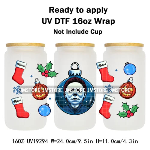 Horror Killers Christmas Ball Stocking Season UV DTF Wraps Transfer Stickers Ready To Apply Waterproof For 16OZ Libbey Glass Can