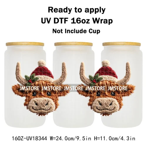 Faux Yarn Christmas Characters UV DTF Cup Wrap Ready To Apply Transfer Stickers Durable 16OZ Tumbler Wraps For Libbey Glass Can