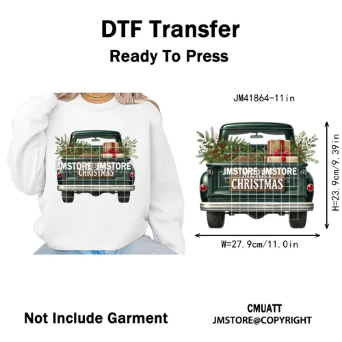 Christmas Pickup Truck Car Winter Tree Snowy Holiday Decoration Iron on DTF Heat Transfers Stickers Ready to Press for Clothing
