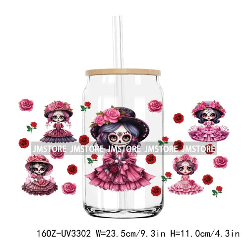 Day Of The Dead Mexican Chingona Lady Skull UV DTF Sticker For 16OZ Libbey Glass Cup Can Wrap Transfer Stickers DIY Custom Label