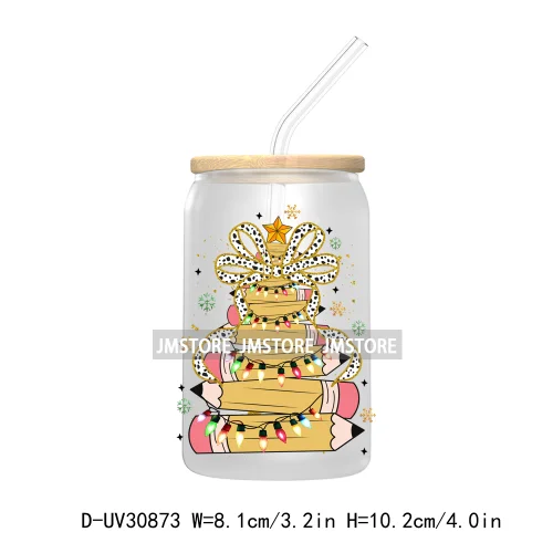 Christmas Pencil Tree Gift For Teacher UV DTF Transfer Stickers Decals For Libbey Cold Cups Mugs Tumbler Waterproof Coquette Bow