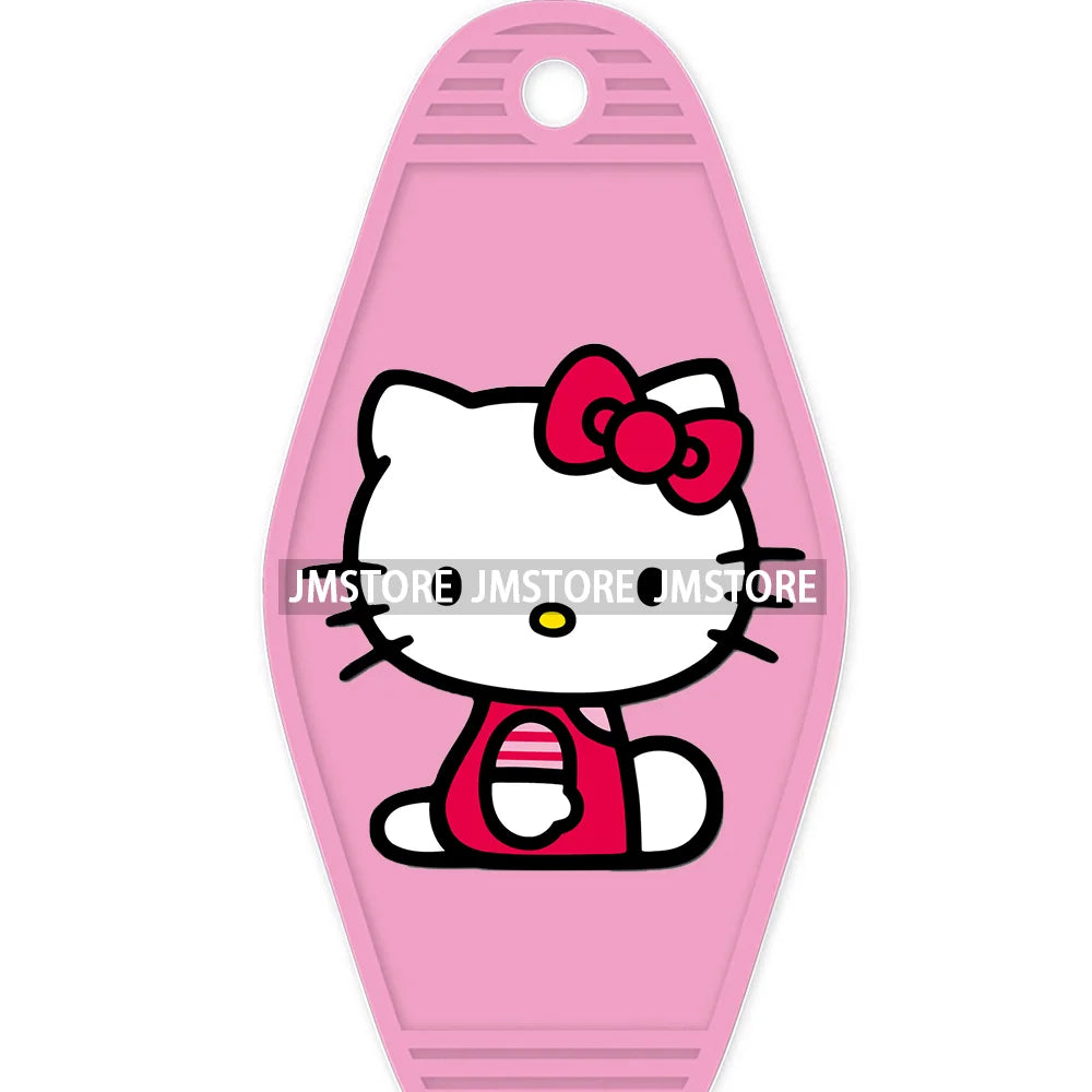 Cute Cartoon Pink Hello Cat With Bow Flower High Quality WaterProof UV DTF Sticker For Motel Hotel Keychain Labels DIY Logo