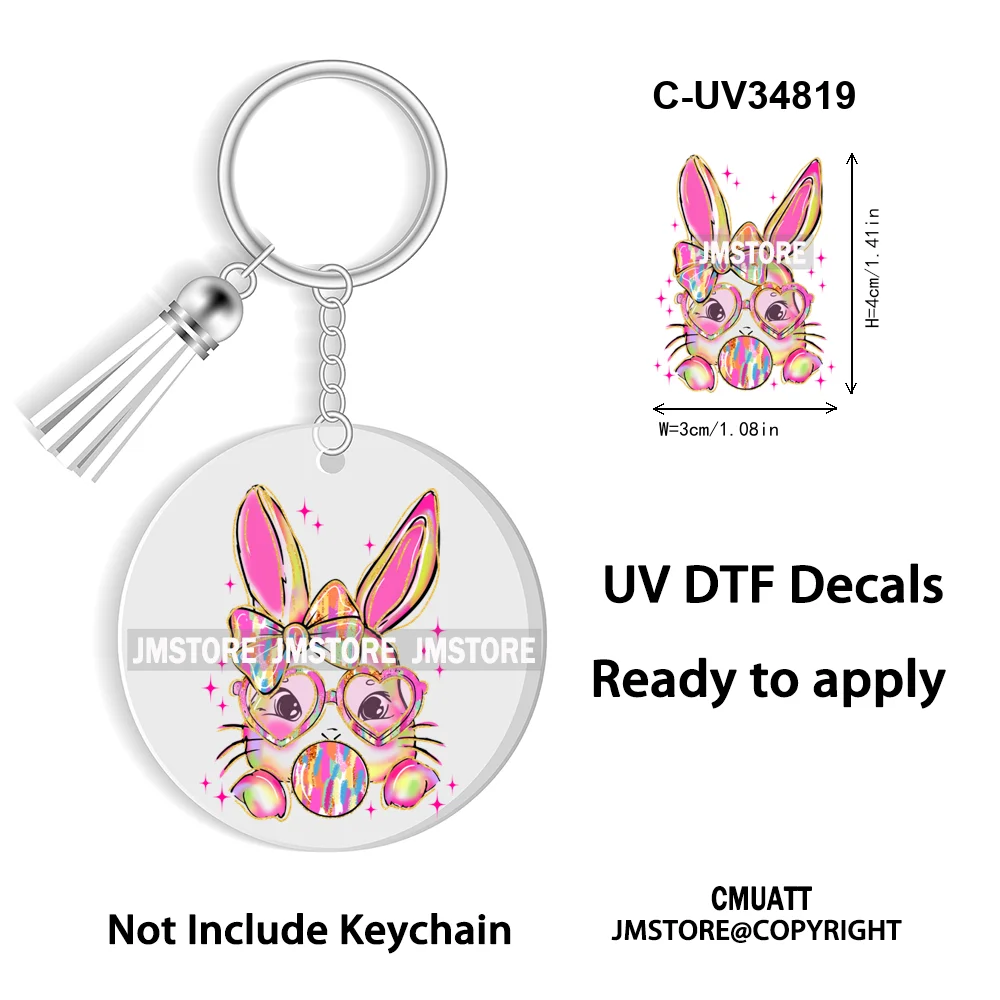 Faux Sequin Glitter Happy Easter Bow Retro Easter Bunny Blowing Bubble UV DTF Stickers for Round Circle Acrylic Keychain Keyring