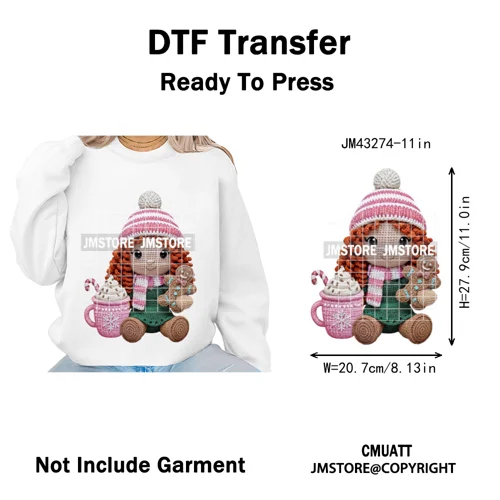 Faux Yarn Pink Hot Cocoa Cartoon Character Santa Cozy Christmas Iron on  DTF Transfers Stickers Ready to Press for T-shirts Bags