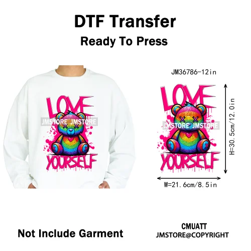 12in Cartoon Gangster Hip Hop Streetwear Teddy Bear Lover Designs Iron on DTF Heat Transfers Stickers Ready to Press for Hoodies