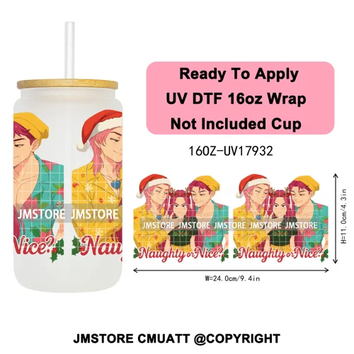 Kpop Demon Inspired Movie Christmas Santa Hat 16OZ UV DTF Cup Wrap Ready To Apply Durable Transfer Stickers For Libbey Glass Can